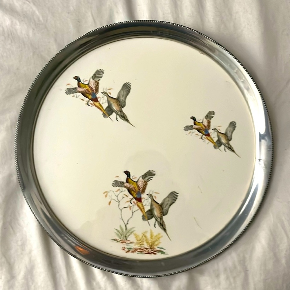 Revere Ware Vintage Pewter Serving Tray with Porcelain Inlay